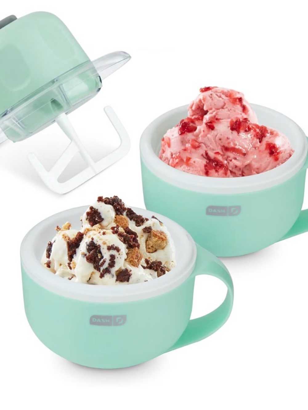 Portable dual-bowl set for homemade frozen treats.